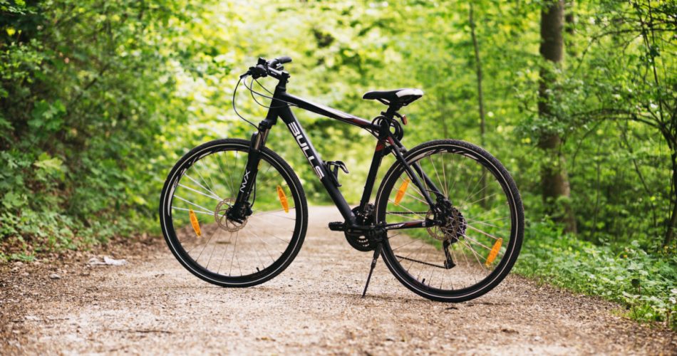 black-and-white-hardtail-bike-on-brown-road-between-trees-stockpack-pexels